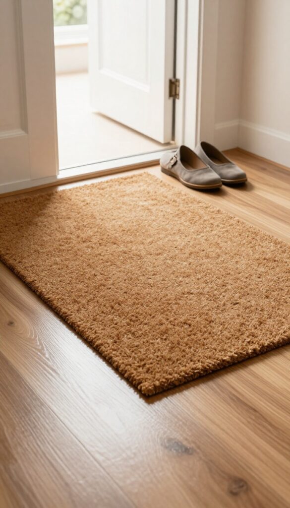 Textured coir doormat on laminate wood floor near entrance