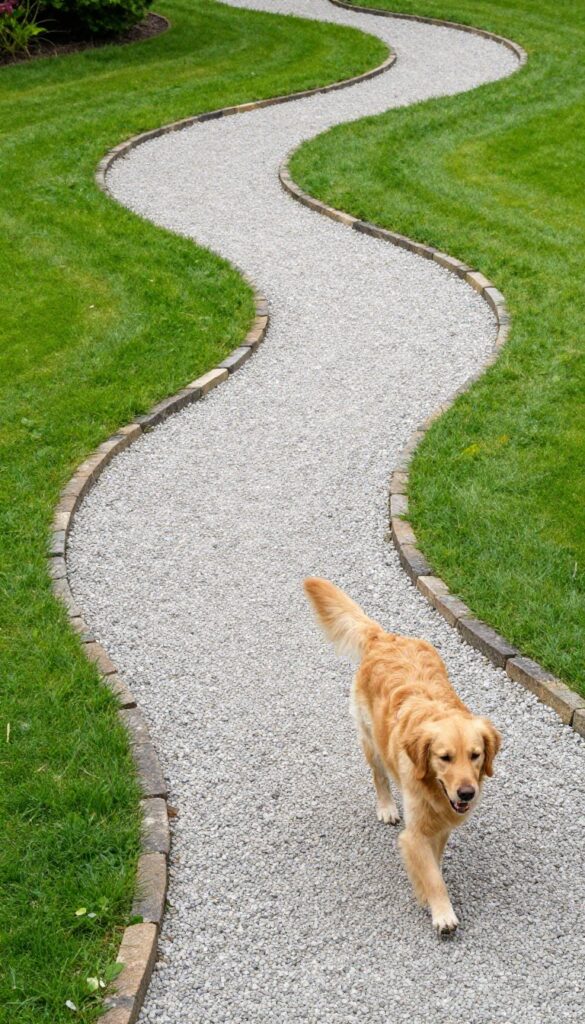 Gravel dog run path in a sunny backyard with a dog walking on it