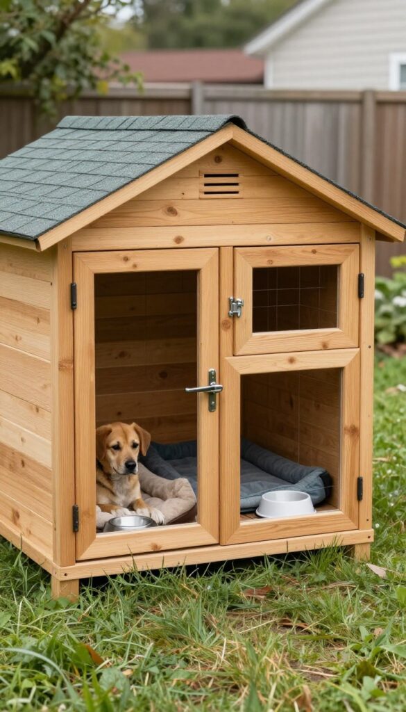 Two-dog kennel with divider in a backyard, featuring separate doors and bedding areas, built with wood and asphalt shingles.