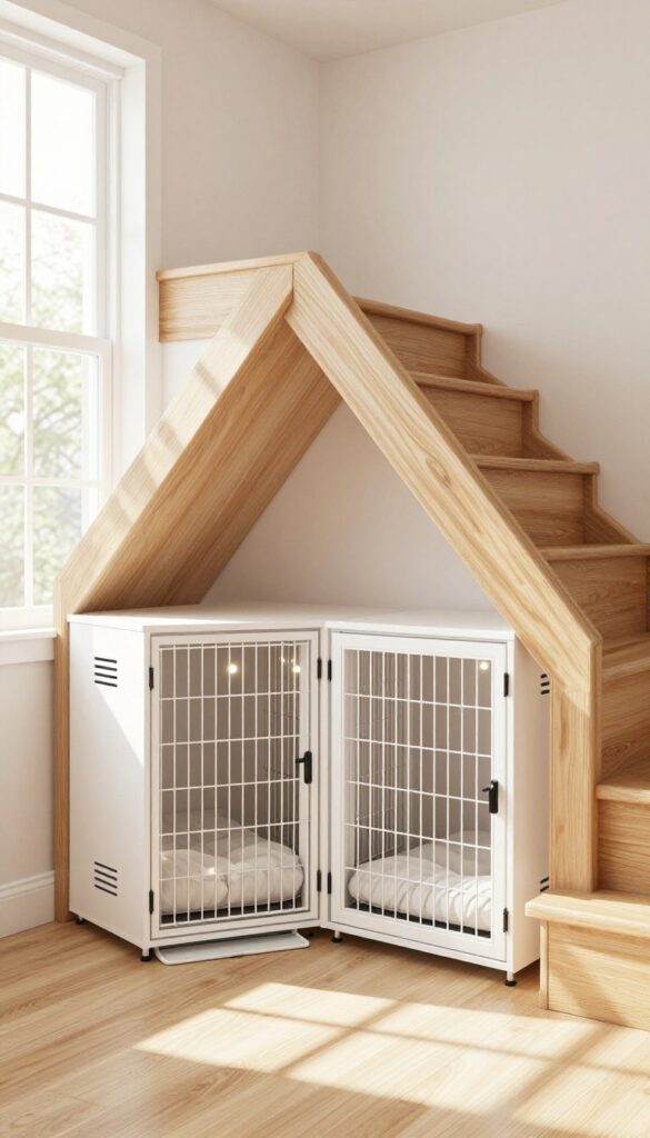 Under-stair kennel nook with two built-in dog crates, soft beds, and warm lighting.