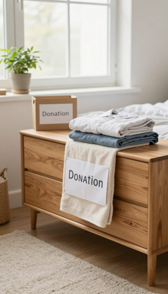 A bright bedroom with a donation box and a new shirt on a dresser, illustrating the one in one out rule for decluttering.