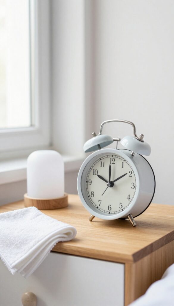 Dust-free alarm clock and lamp on a nightstand with a microfiber cloth, bright natural light, clean bedroom
