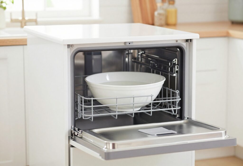 Open dishwasher with a bowl of vinegar on the top rack, ready for cleaning.
