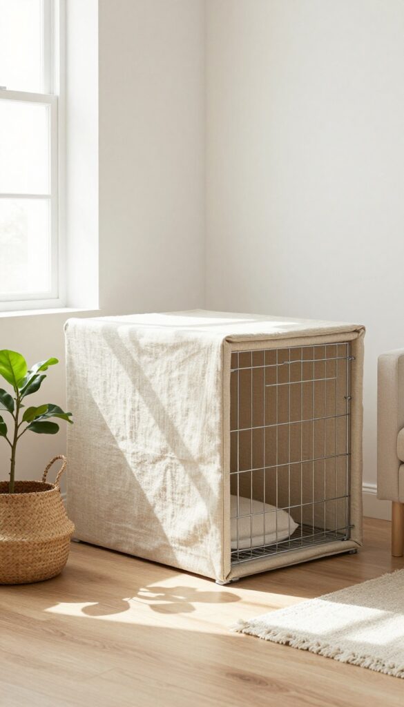 Dog crate with custom beige linen cover in bright living room