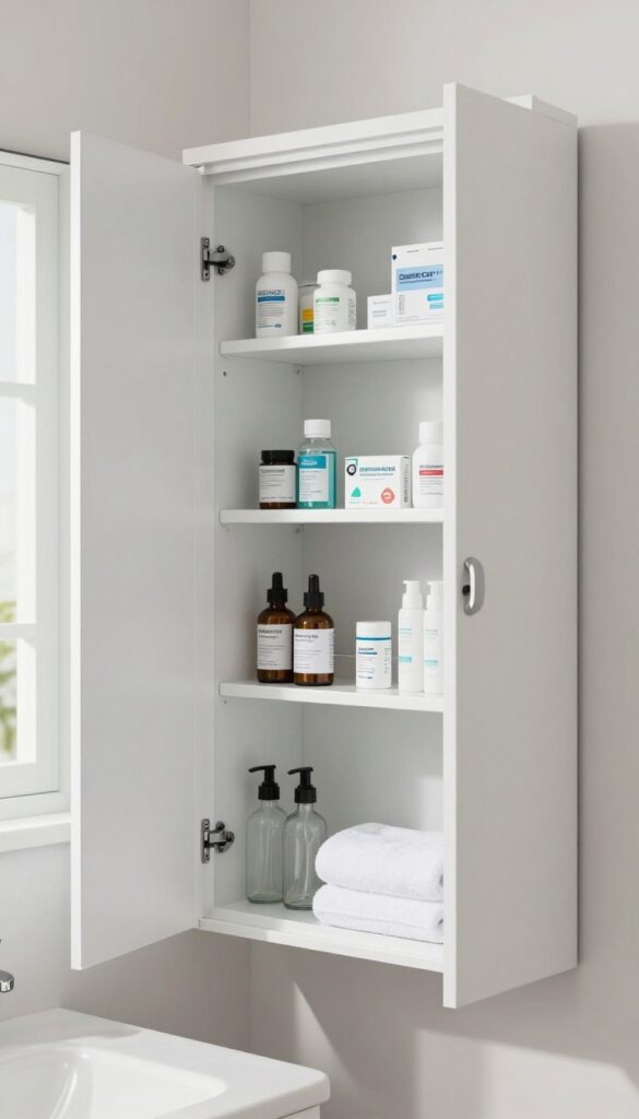 Open medicine cabinet with neatly organized shelves, empty bottles on towel, bright natural light