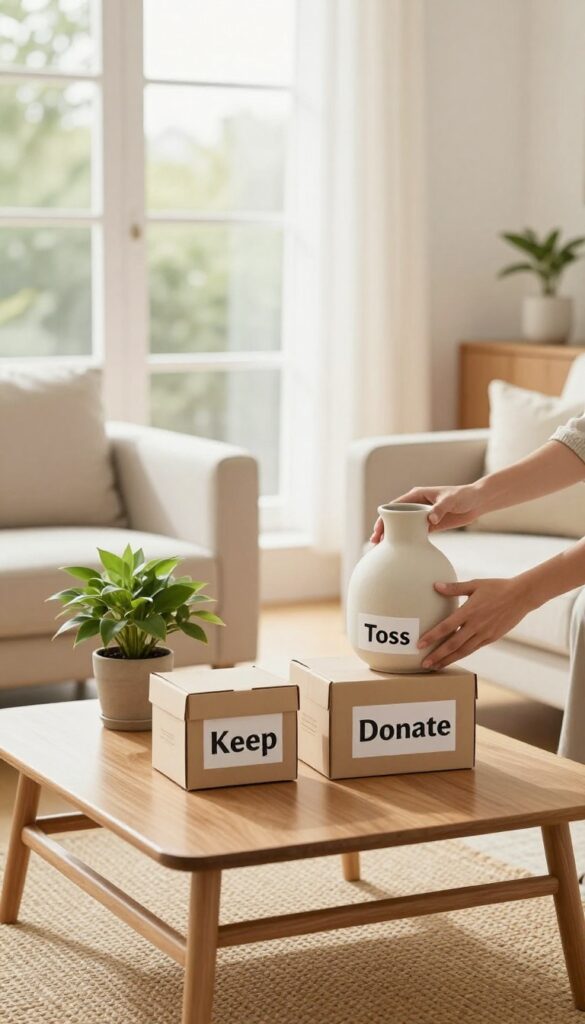 A bright living room with a coffee table holding three boxes labeled Keep, Donate, and Toss, with a person placing an item in the Donate box.