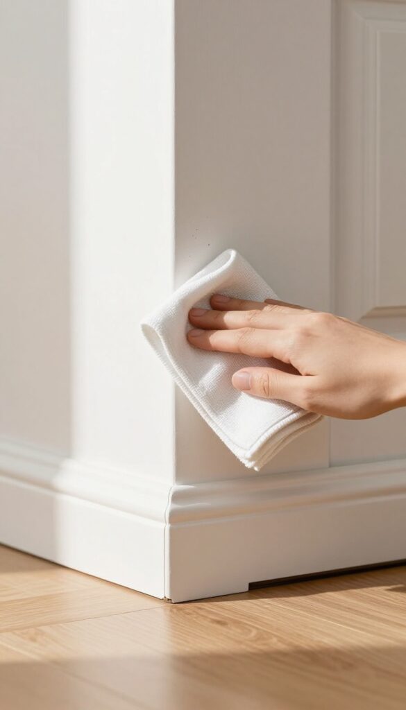 Hand wiping baseboard and door frame with a damp cloth in a clean living room
