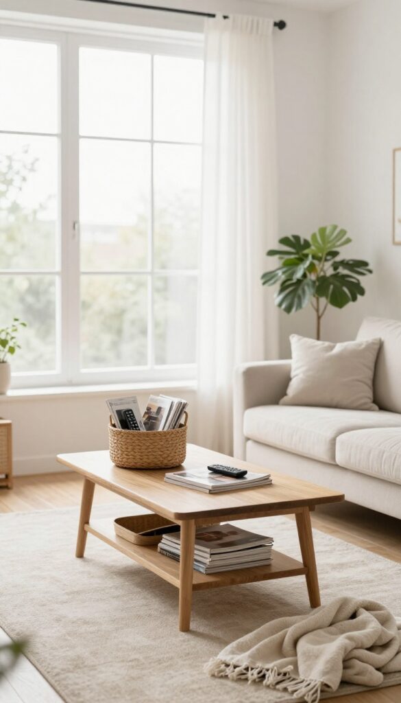 Living room with woven basket and bin organizing clutter on coffee table and floor