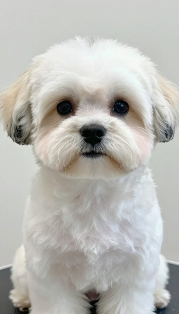 Small fluffy dog with Asian-fusion teddy bear face grooming style, showing round full cheeks and large expressive eyes