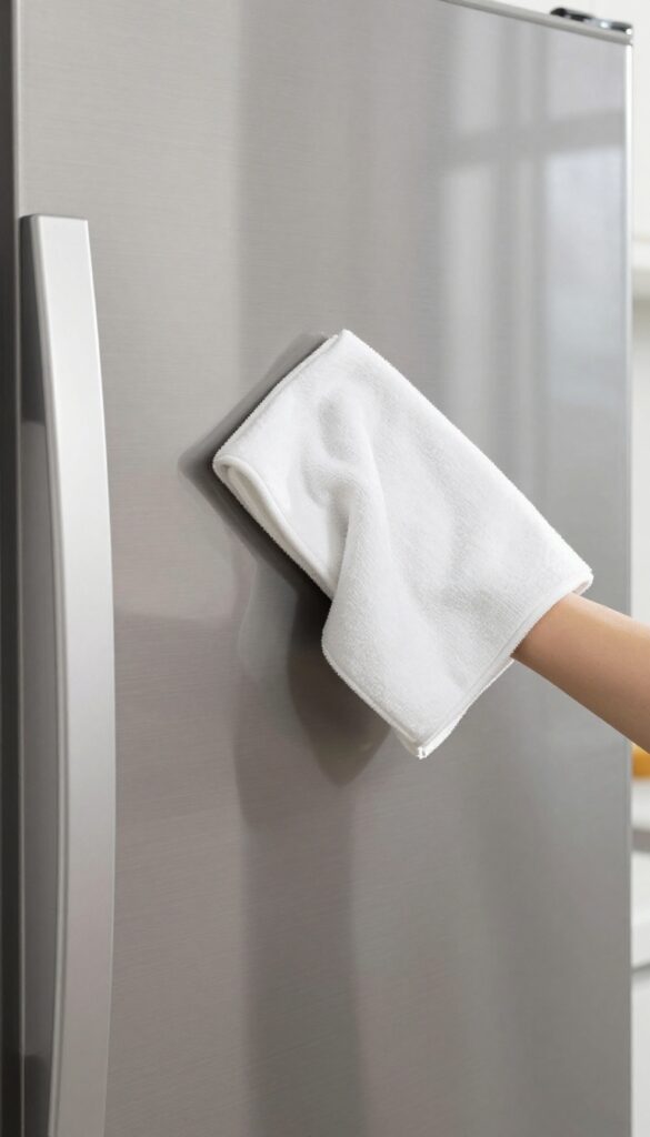 Close-up of a stainless steel refrigerator door being wiped along the grain with a microfiber cloth, showing streak-free reflection.