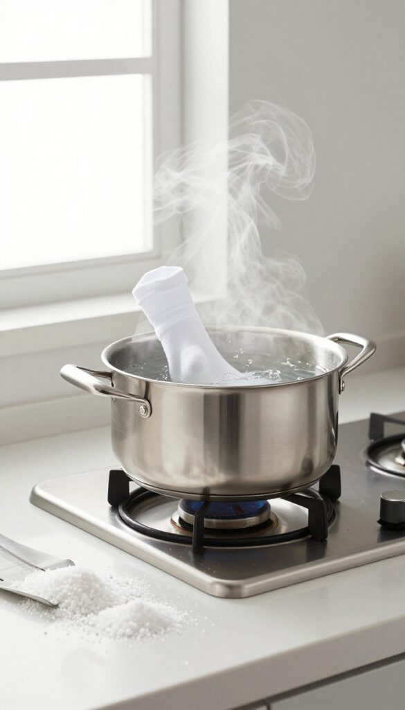 White socks boiling in a pot with salt and borax on a stove