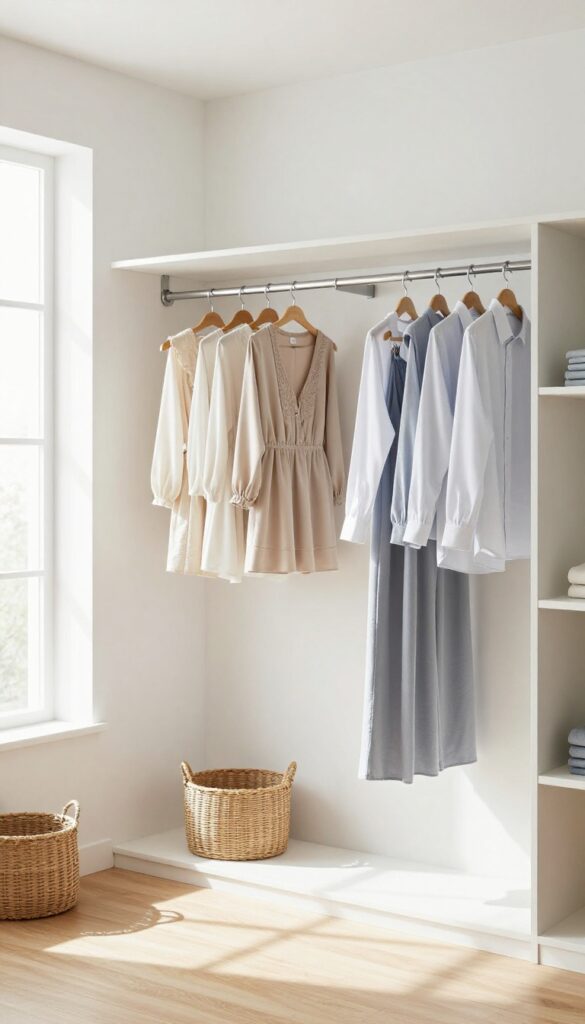 Double hanging rods in a closet with shirts and pants on the lower rod and dresses on the upper rod.