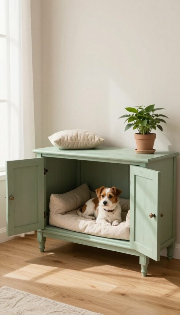 Repurposed wooden cabinet hiding a dog crate with a dog inside, cushion and plant on top, bright natural light.