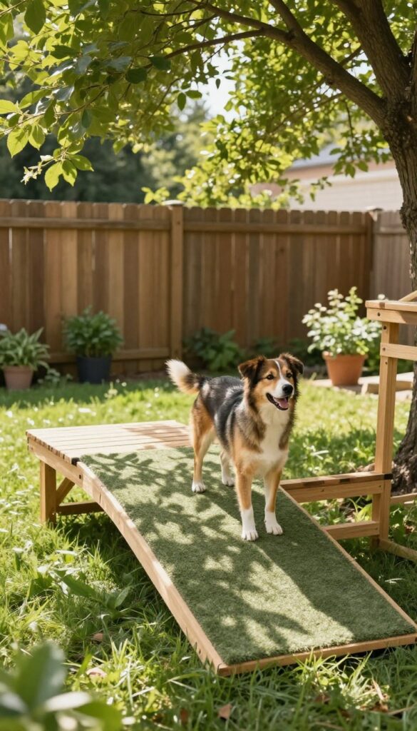 A dog climbing a wooden ramp with a platform in a sunny backyard