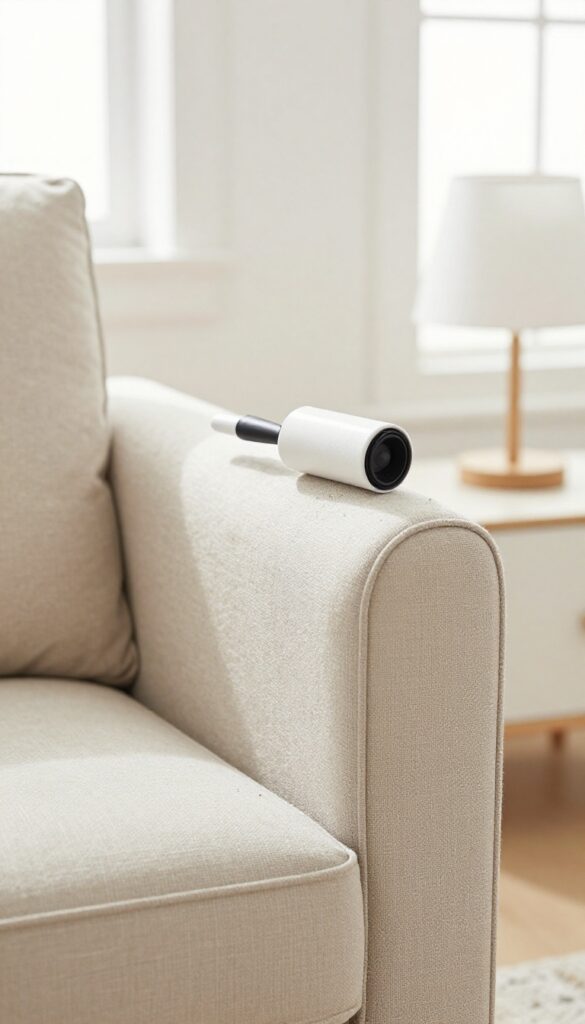 Using a lint roller to clean a fabric armchair and lampshade in a bright room