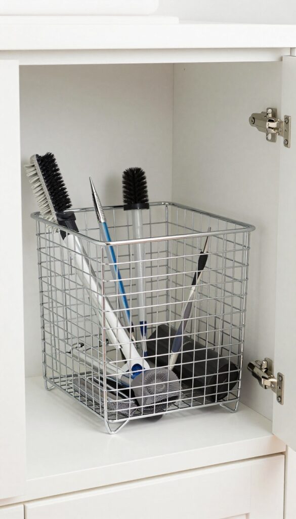 Open cabinet with vacuum attachments organized in a wire basket