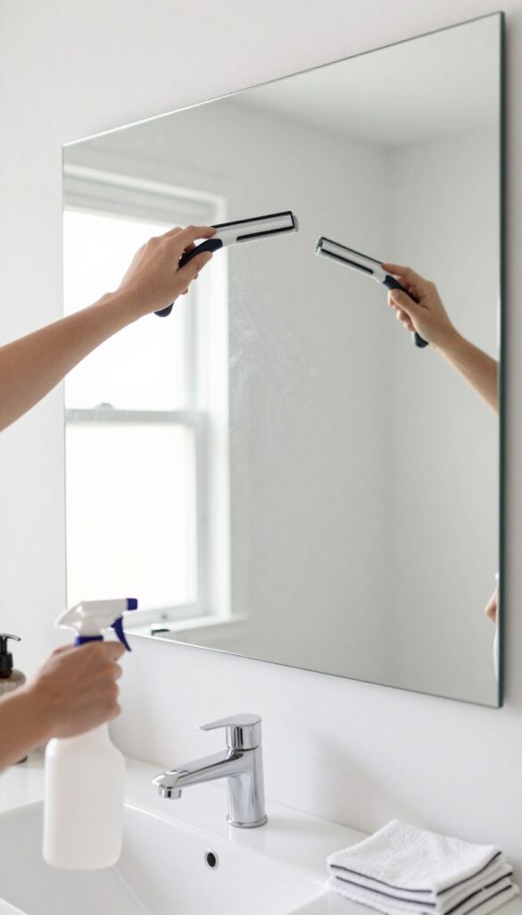 Hand using a squeegee on a large bathroom mirror with natural light