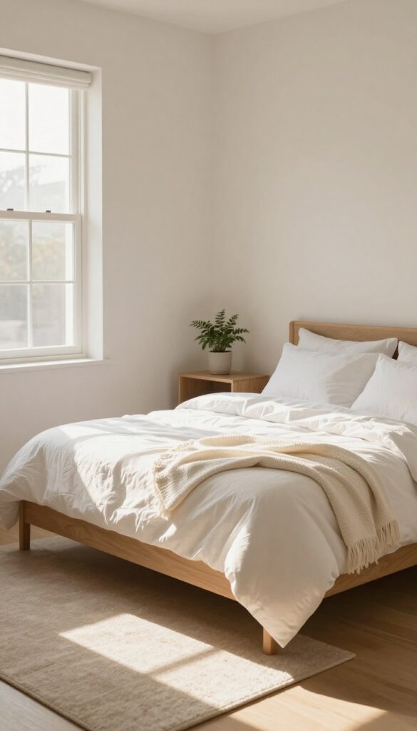 A neatly made bed in a sunlit bedroom with a plant on the bedside table, embodying a clean and organized morning routine.