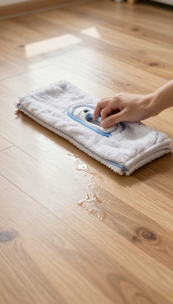 Hand holding a damp microfiber mop on a shiny laminate wood floor with natural light