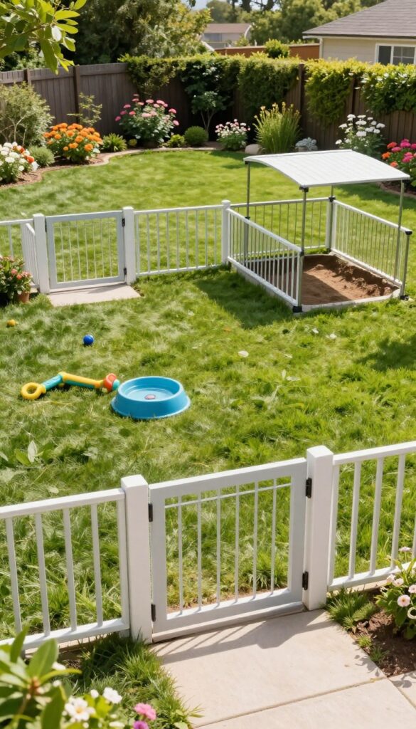 A backyard with two separate dog zones, each with its own gate, water bowl, and toys, promoting harmony for multiple dogs.