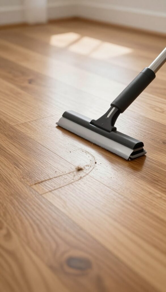 Rubber squeegee gathering pet hair on hardwood floor before mopping