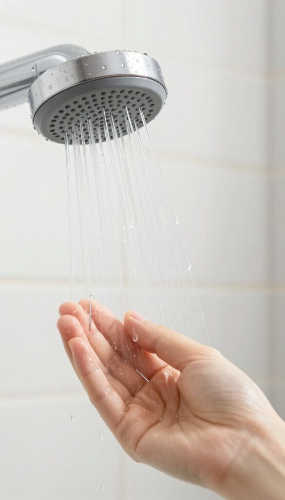 Hand inserting a pin into a clogged shower head nozzle to clear mineral buildup