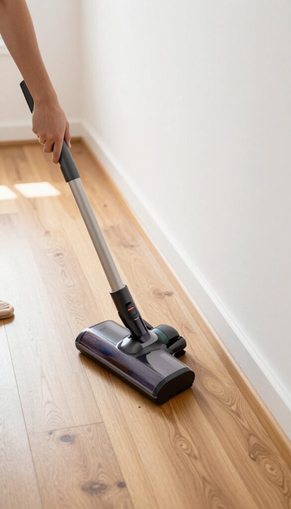 Person vacuuming along baseboard in a clean, bright bedroom