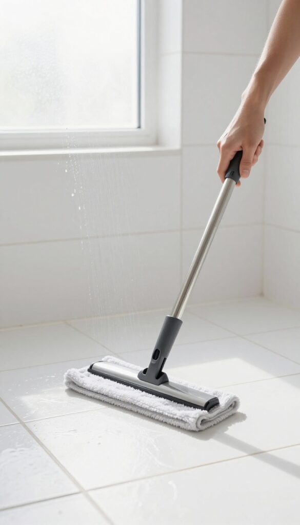 Daily squeegee and dry mop routine to keep bathroom grout clean
