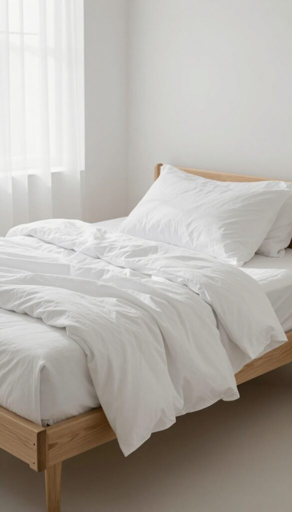 Stripped bed with mattress airing out, laundry pile on chair, bright natural light