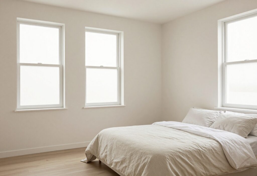 A clean and tidy bedroom with a made bed, soft lighting, and organized surfaces.