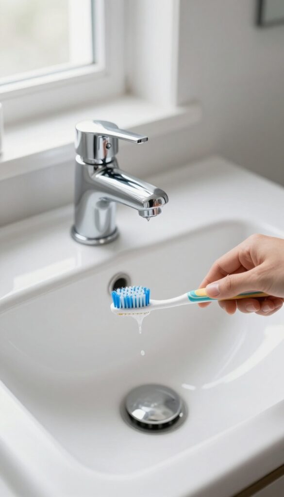 Using a toothbrush to clean around the base of a bathroom faucet