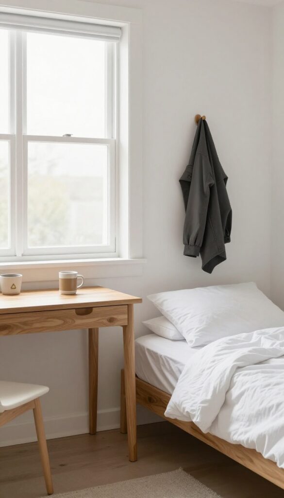 Bright bedroom with a desk, a coffee mug, a recycling bin, and a jacket on a hook, illustrating the one-minute rule for clutter control.