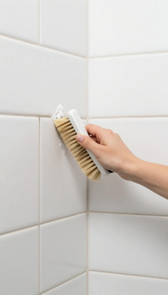 Hand scrubbing shower grout with a stiff-bristled brush, bright natural light, clean bathroom tiles