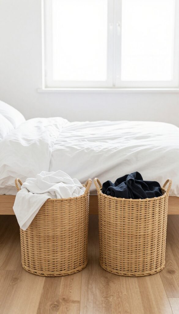 Two laundry baskets for sorting lights and darks in a clean bedroom