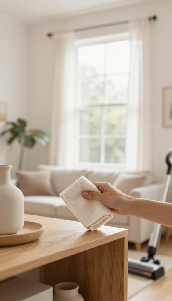 A person dusting a shelf in a clean, bright living room with natural light and a vacuum cleaner nearby.