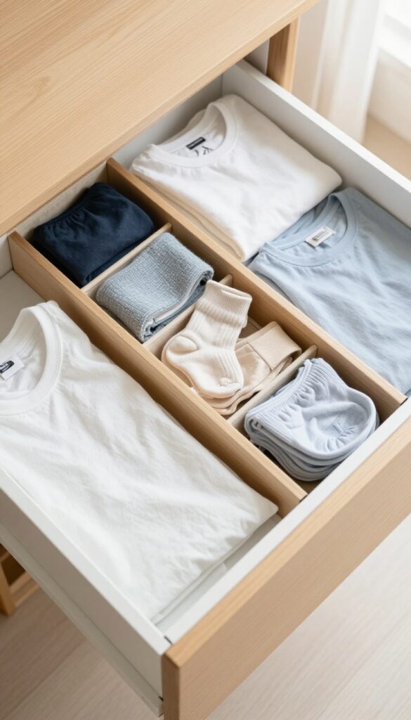 Organized dresser drawer with KonMari folded clothes and wooden dividers in bright natural light.