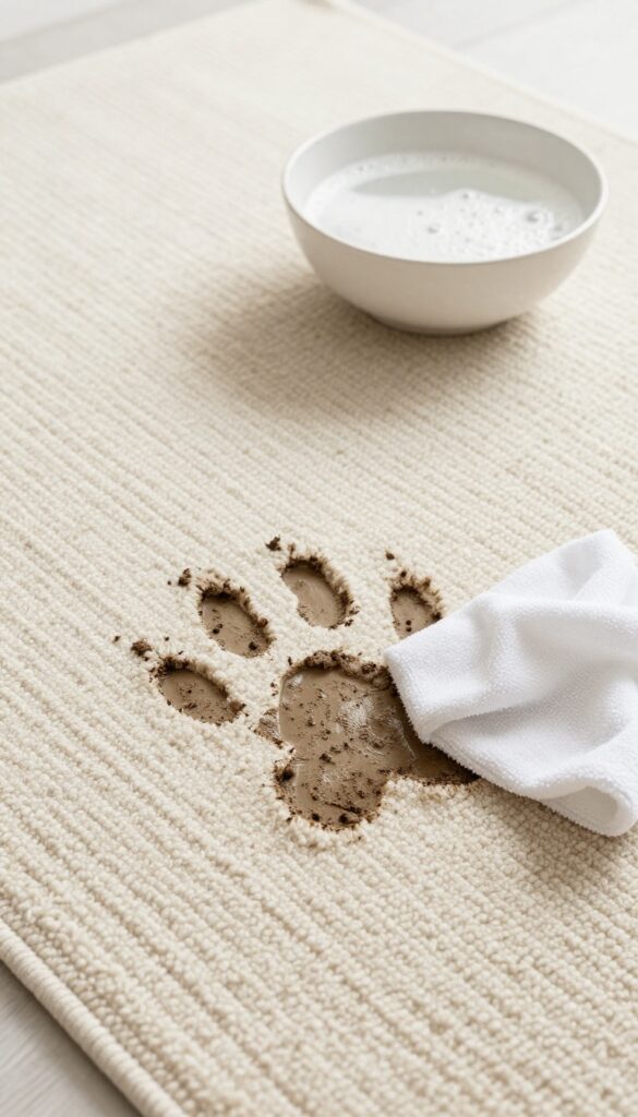 Dish soap and warm water spot treatment on a rug to remove pet dirt and stains