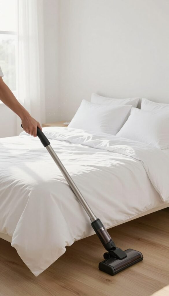 Vacuuming under the bed with a crevice tool in a bright, clean bedroom.