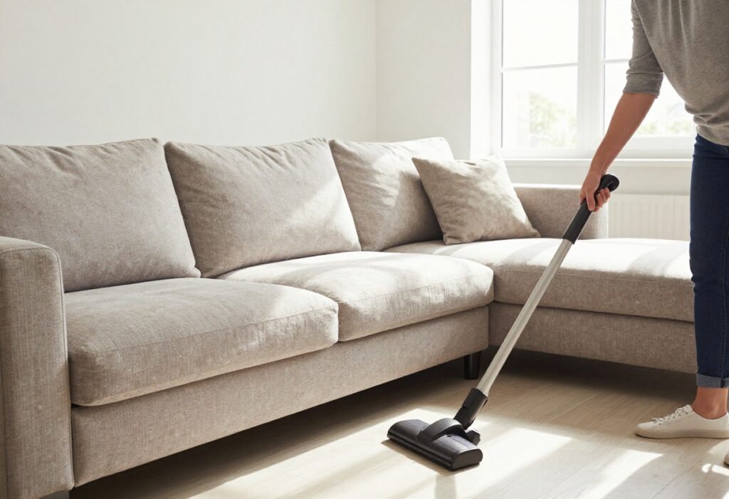 Person vacuuming a clean couch in a bright living room