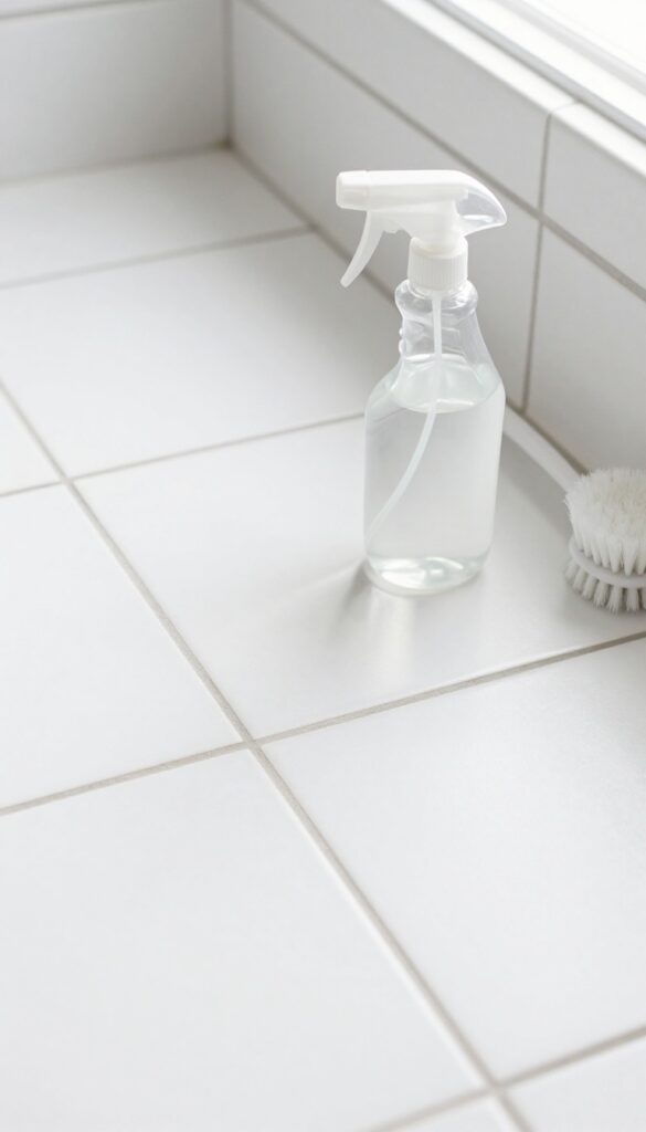 Spray bottle and brush on clean bathroom tile floor