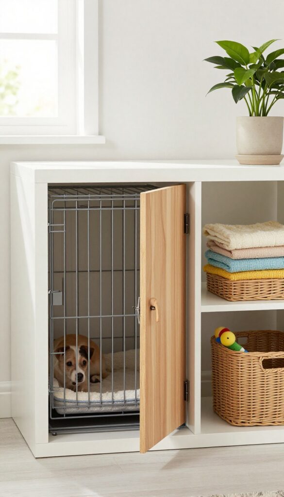 IKEA Kallax shelf unit converted into a dog crate cabinet with a door, showing a dog resting inside and storage in other cubbies.