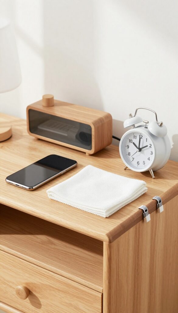 Clean nightstand with organized electronics and cords in bright natural light