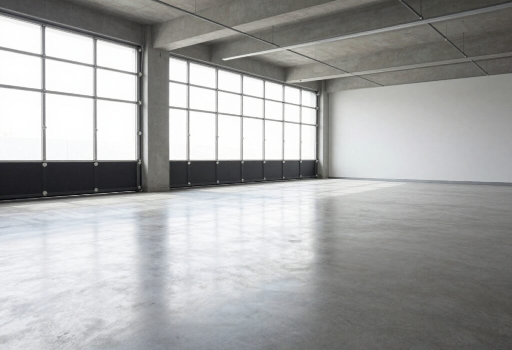 Clean shiny concrete garage floor with car