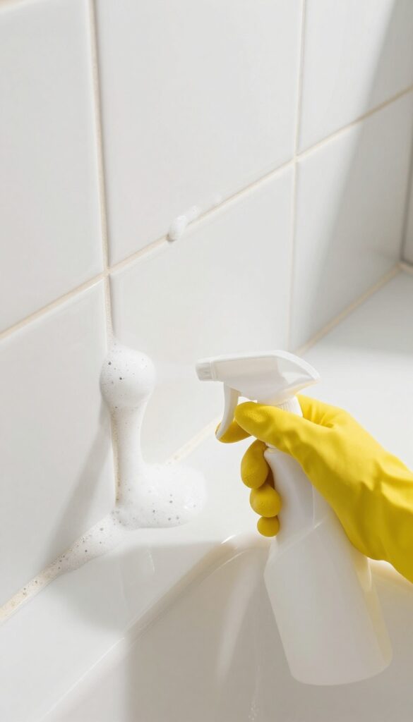 Hand spraying commercial grout cleaner onto dirty tile grout in a bright bathroom