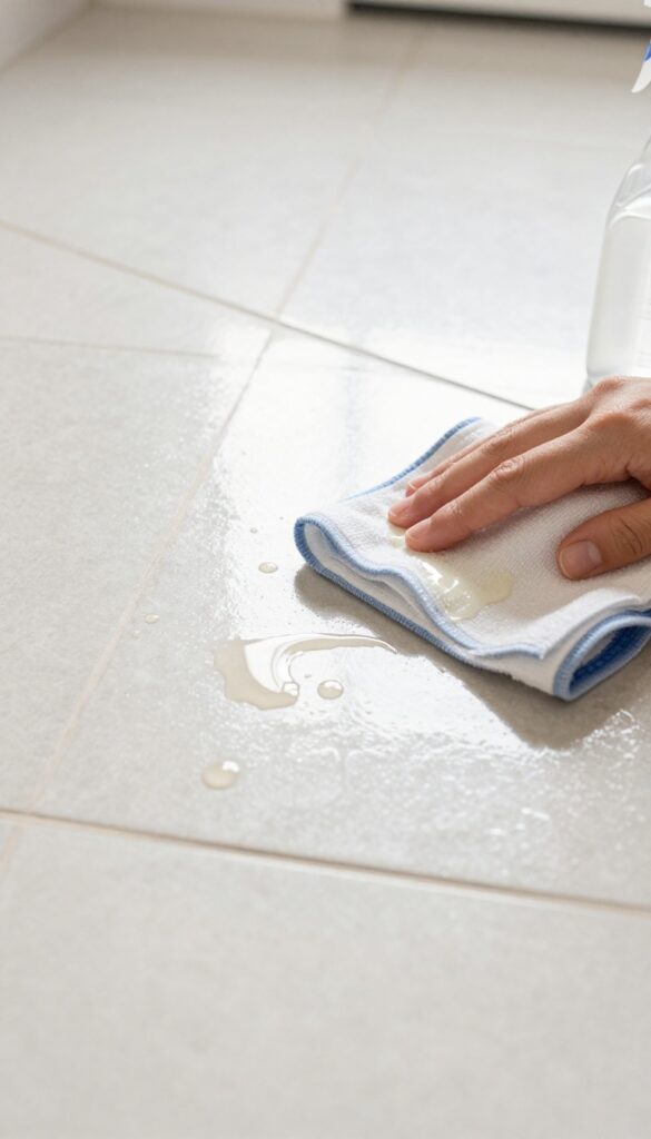 Cleaning sticky residue from ceramic tile with vinegar and dish soap solution