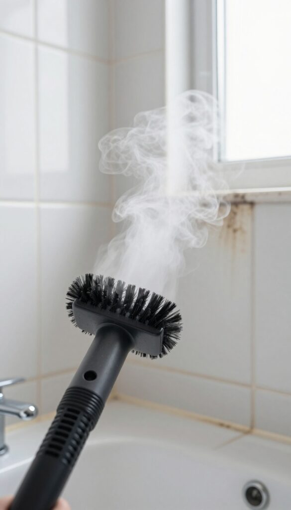 Handheld steam cleaner cleaning dirty grout lines on white bathroom tiles