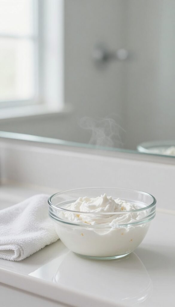 Close-up of a cloudy bathroom mirror with cornstarch paste and microfiber cloth for cleaning
