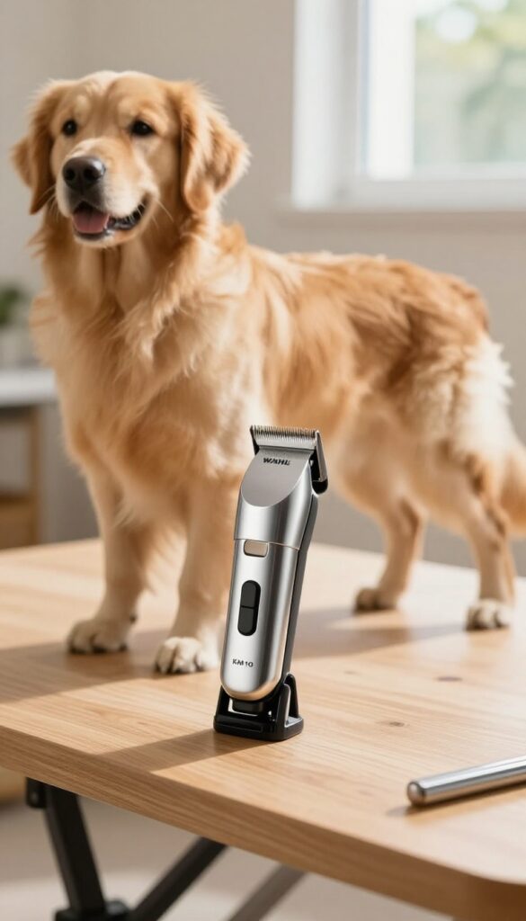 Wahl KM10 clipper on grooming table with Golden Retriever's thick coat in background