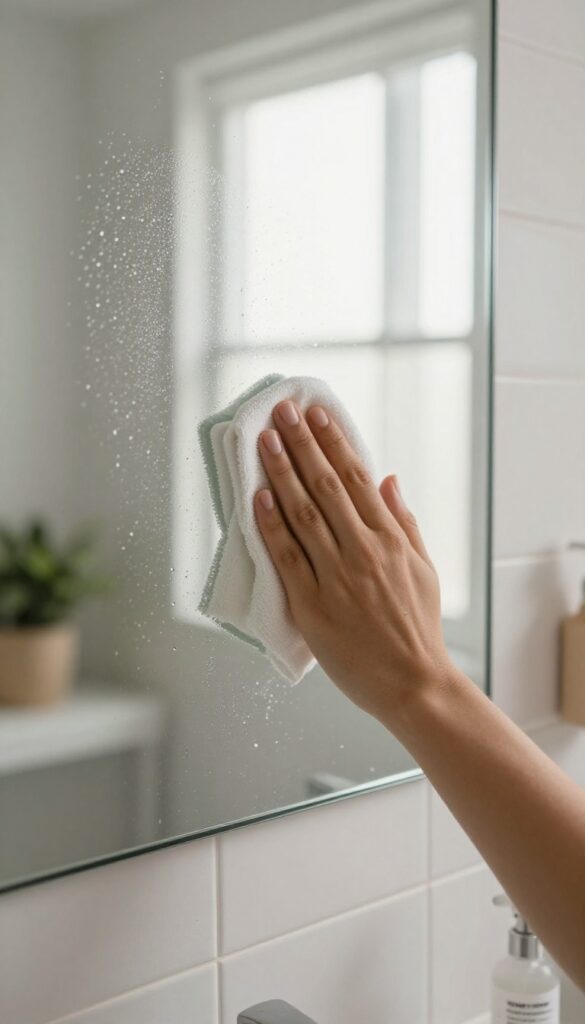A person wiping a bathroom mirror with a microfiber cloth, leaving a streak-free shine, with a spray bottle nearby in bright natural light.