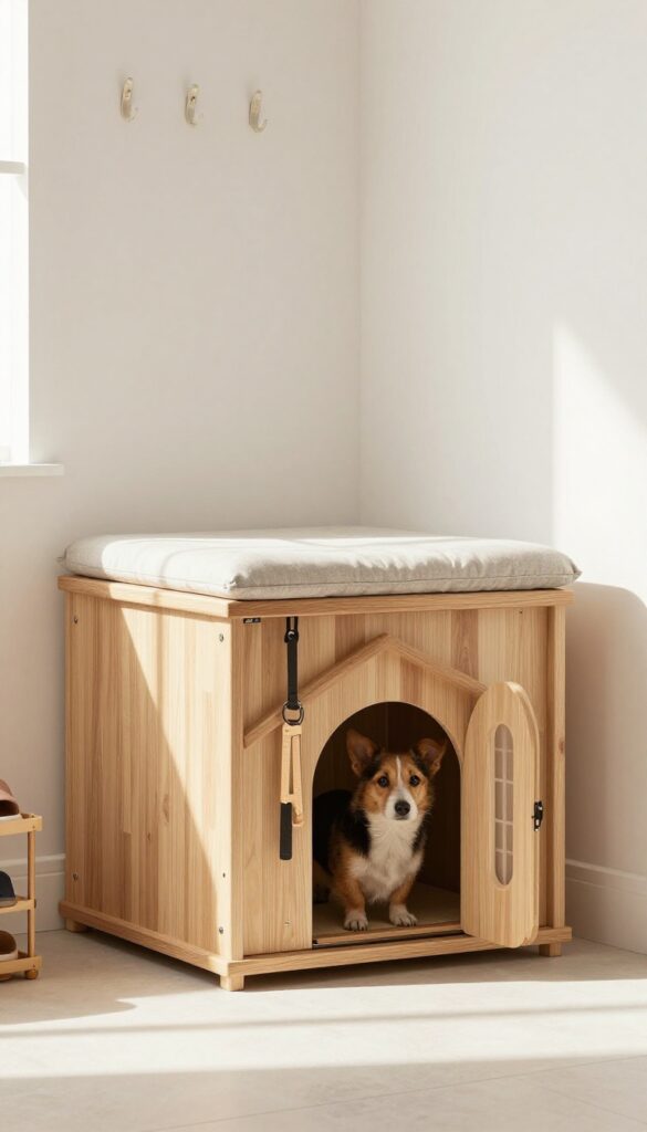 A storage bench with a hidden dog crate in a bright mudroom, dog peeking out, tidy entryway decor.